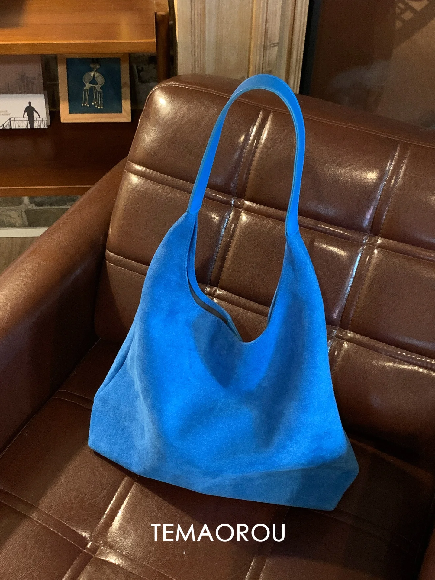 

Blue Large Capaci Suede Tote Bag Single oulder Bag Durable Owner Kept Version Winter Busin Commute Women's Handbag