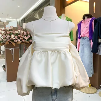 여성용 프렌치 스타일 슬래시 넥 멜빵 셔츠, 세련된 랜턴 소매, 플리츠 오프 숄더 블라우스, 빈티지, 2023 봄 여름 신상
