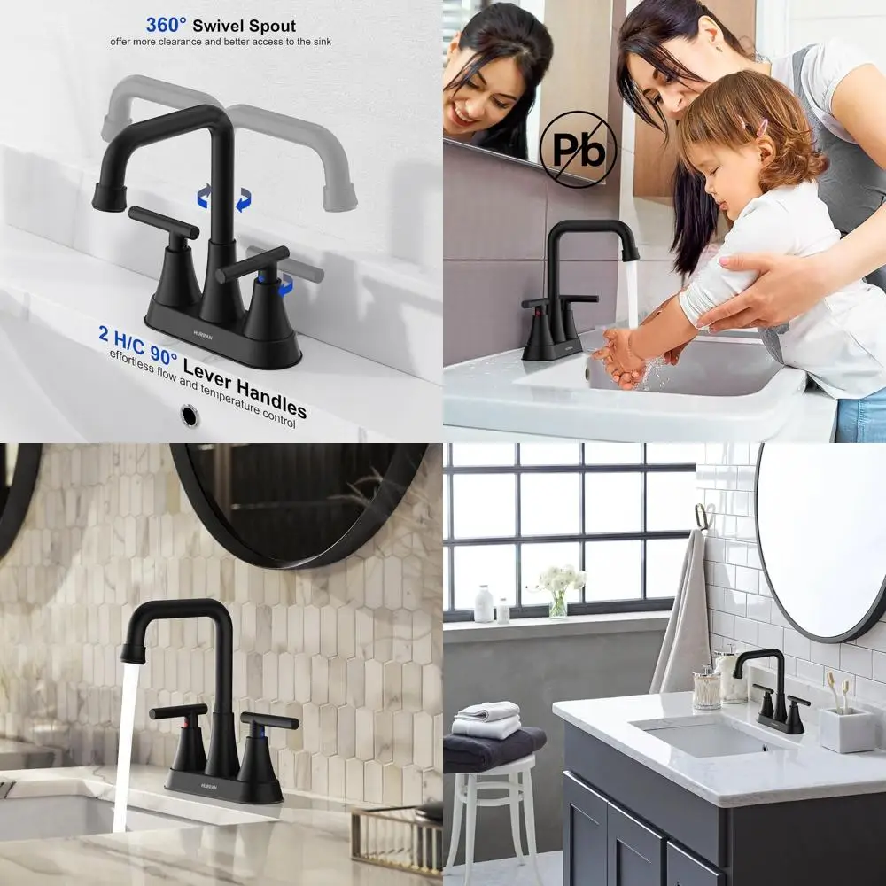 

2-Pack 4 Centerset Matte Black Faucets with 360° Swivel Spout for 3-Hole Sinks, Pop-Up Drain & Hoses Included