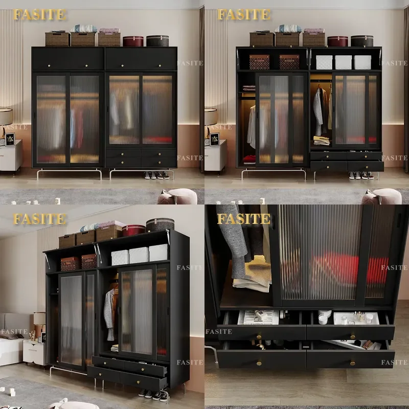 For Nordic Solid Wood Wardrobe Household Small Apartment Sliding Glass Double Door Storage Cabinet Bedroom Simple Black