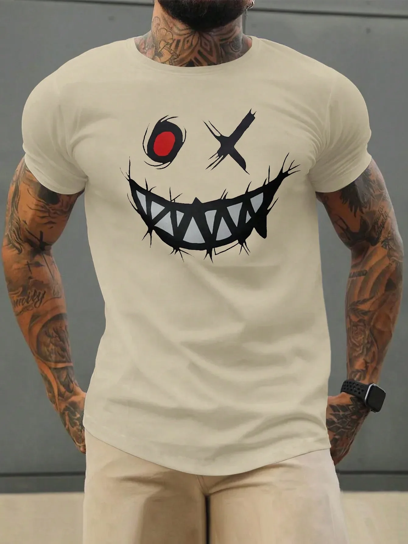 

Men's cartoon ghost pattern loose T-shirt with printed round neck casual short sleeved T-shirt 220g pure cotton