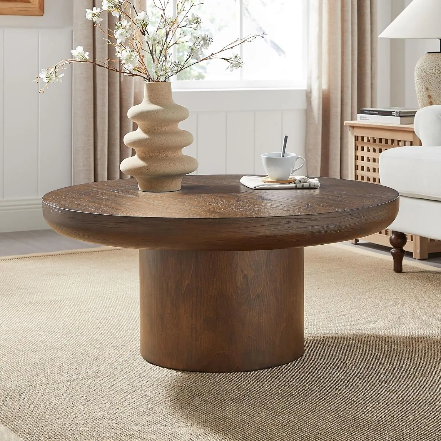 35.98 Inch Round Coffee Table, Wood Pedestal Accent Circle Coffee Table, Rounded Sofa Side Table For Living Room, Customized