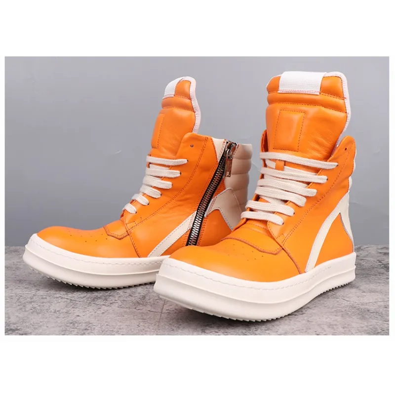 

Классические туфли High Street в темном стиле из натуральной кожи с перевернутым треугольником для мужчин и женщин, оранжевые модные повседневные кроссовки