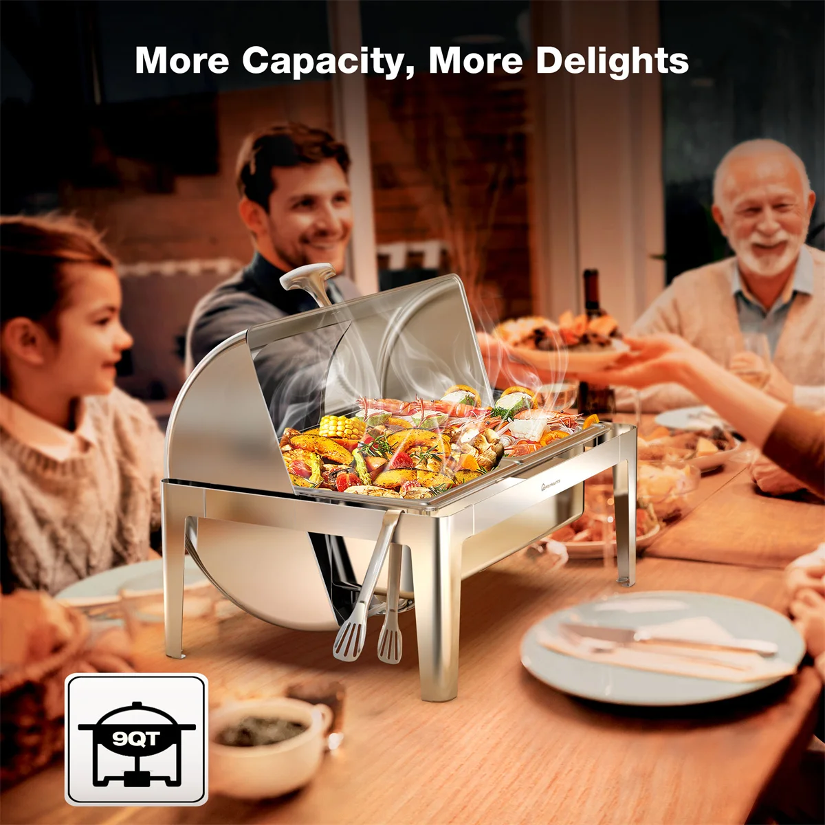 9/9.5Qt Rectangle Chafing Dish Set Catering Buffet Warmers Stainless Steel with Glass Lid Holder for Party Wedding Warmer Server