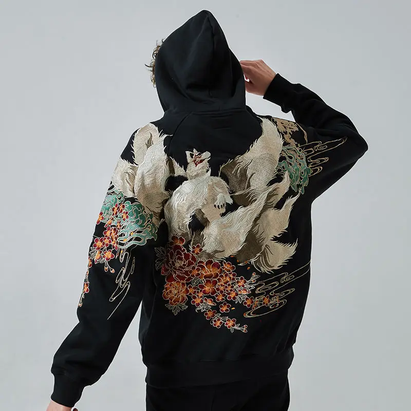 Japanese Streetwear Hoodie Hip Hop Sweatshirt Embroidered Fox Hooded 2023 Mens Harajuku Cotton Casual Pullover Black y2k hoodie