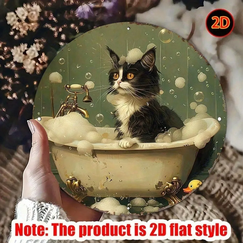 Letrero Redondo de Metal Vintage con Diseño de Gato en Bañera, Arte en Aluminio de 7.87 Pulgadas, Decoración Retro para el Hogar, Sala de Estar