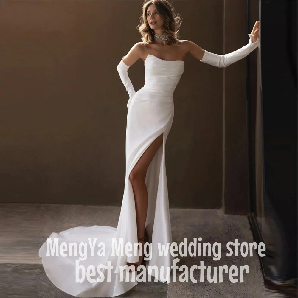 

ZHUISHU Simple Strapless Mermaid Wedding Dresses Sleeves Long Split Chiffon&Satin Sweep Train Beach Bridal Gowns Robe de mariee