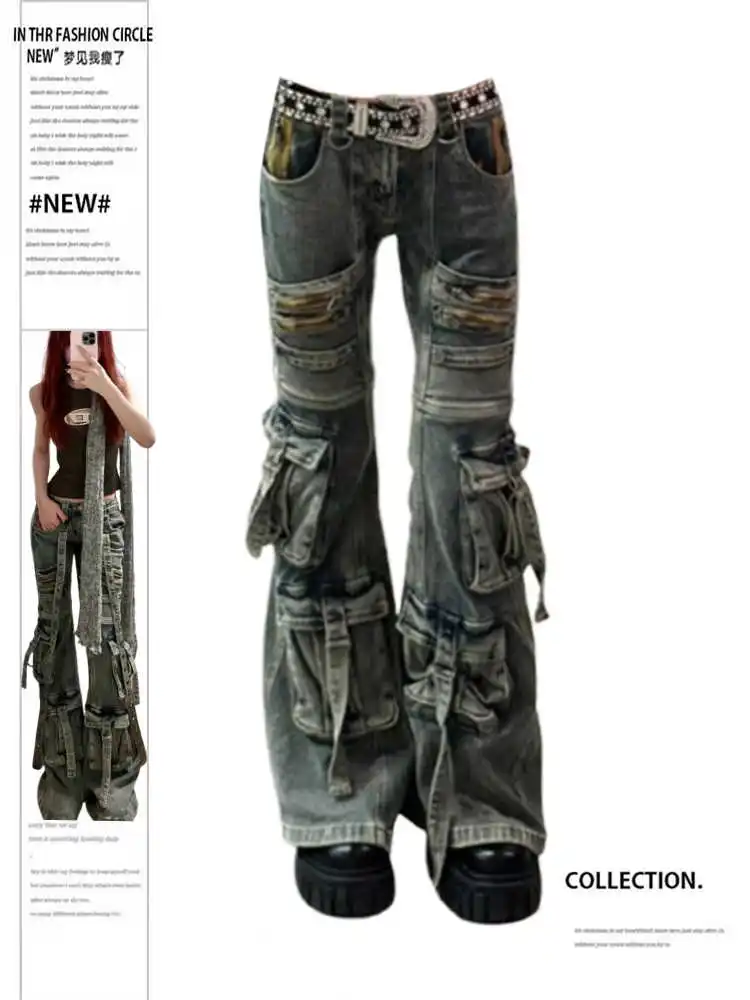 

Women's Y2k Flare Jeans Vintage Harajuku Low Waist Cargo Jeans Long Pants Japanese 2000s Style Denim Trousers Oversize Clothes