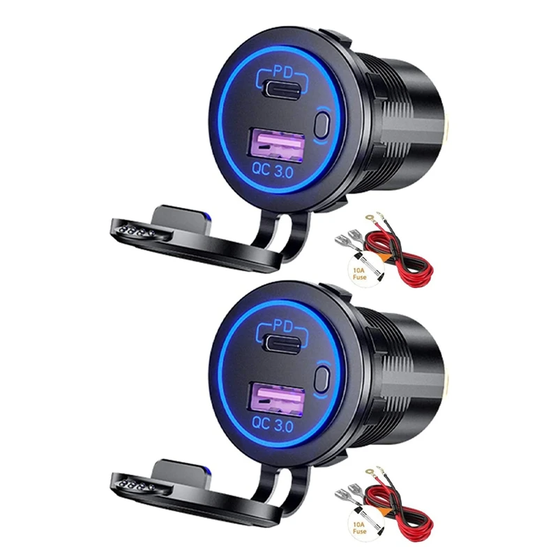 2X PD Type C USB Car Charger And QC 3.0 Quick Charger 12V Power Outlet Socket With ON/Off Switch For Motorcycle RV ATV