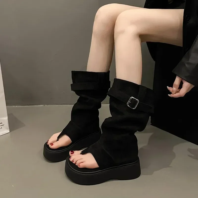 

2024 Mid Heel Sponge Sole Open Toe Summer Women's Boots New Fashion Solid Color Mature Women's Shoes Womens Boots Custom Shoes