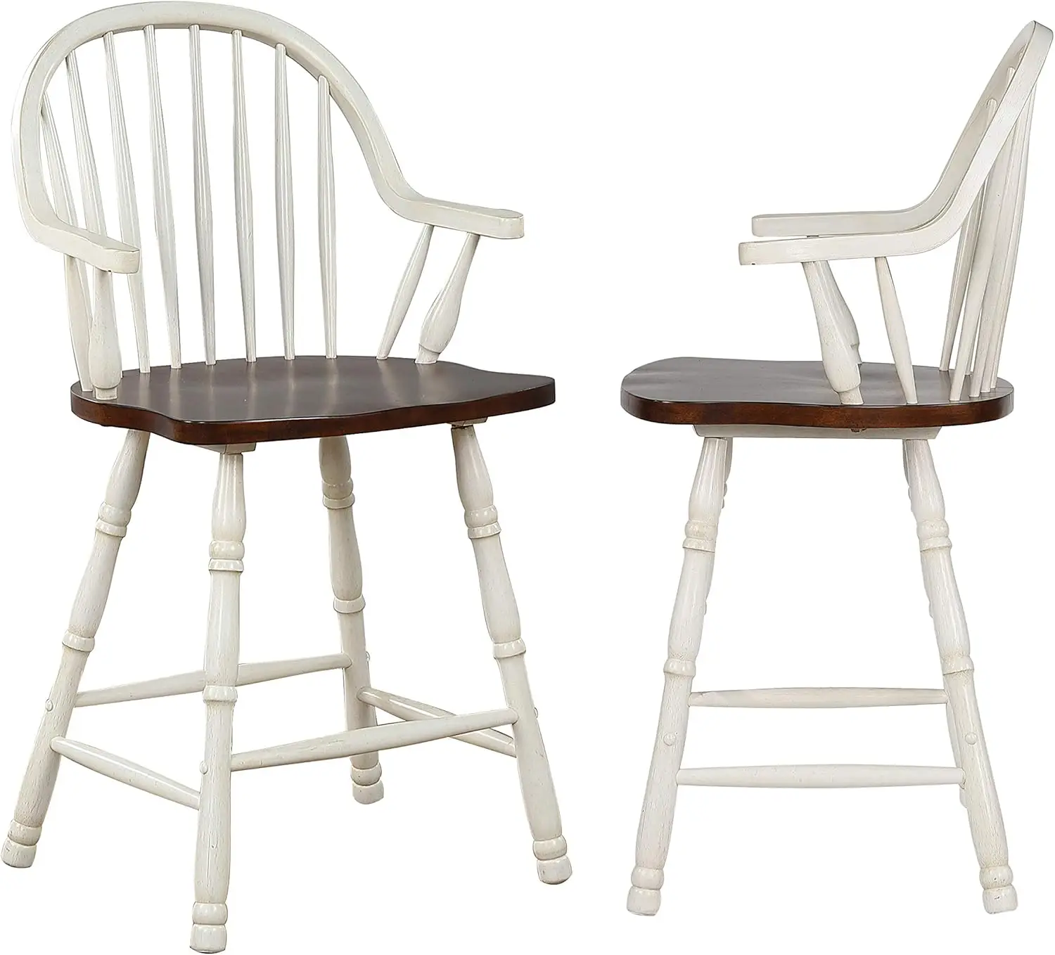 Andrews Windsor Barstool com braços, Counter Altura Stool, Branco Antigo e Castanha Brown, Conjunto de 2, 24"