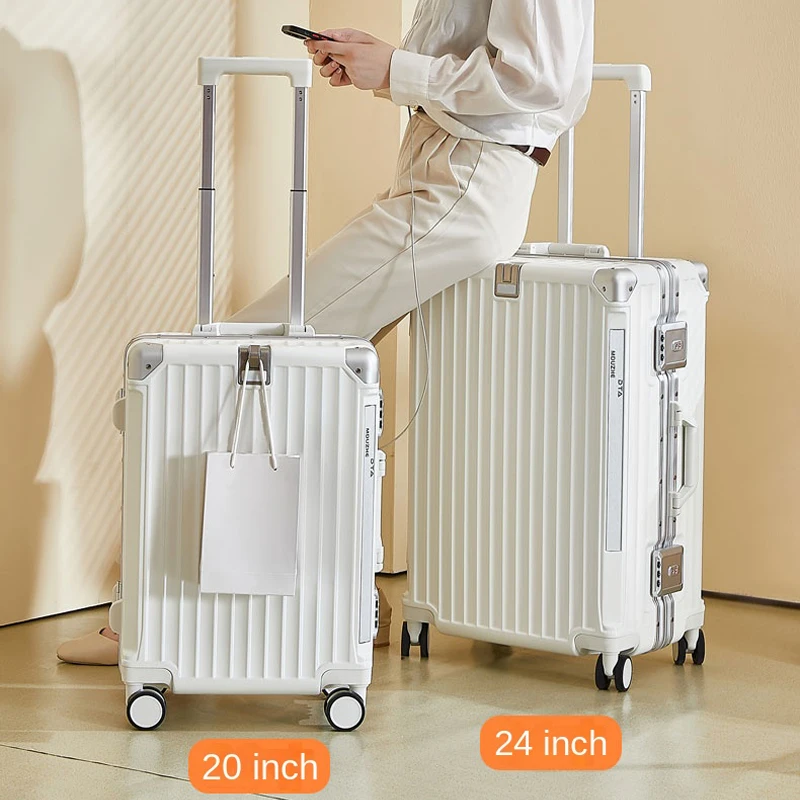 กระเป๋าเดินทางอลูมิเนียมคุณภาพสูงแบบหนาพร้อมพอร์ตชาร์จ ขนาด 20 นิ้ว ล้อลากคู่แบบหมุนได้ กระเป๋าเดินทางขึ้นเครื่องได้