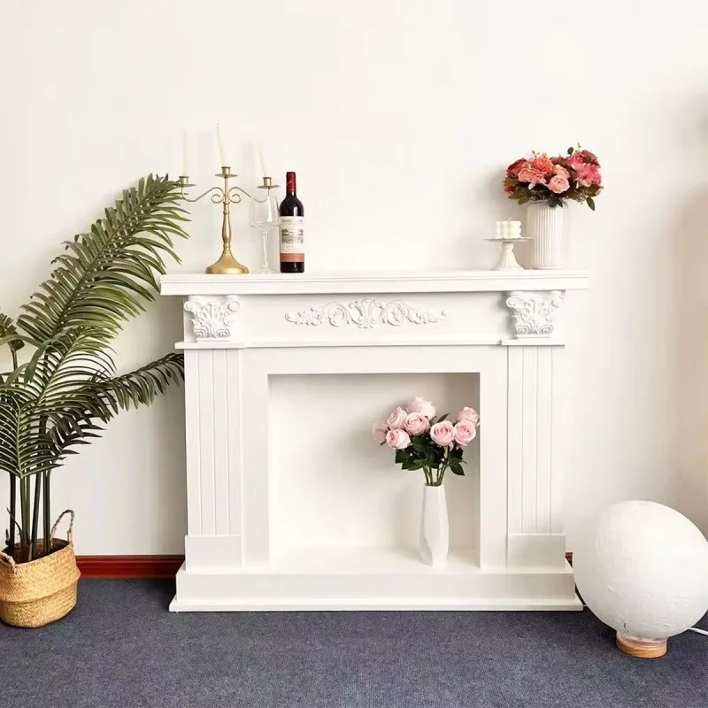 French Retro Carved Fireplace Mantel Cream Style Decorative Fireplace LED Light Display Cabinet for Living Room B&B Hotel