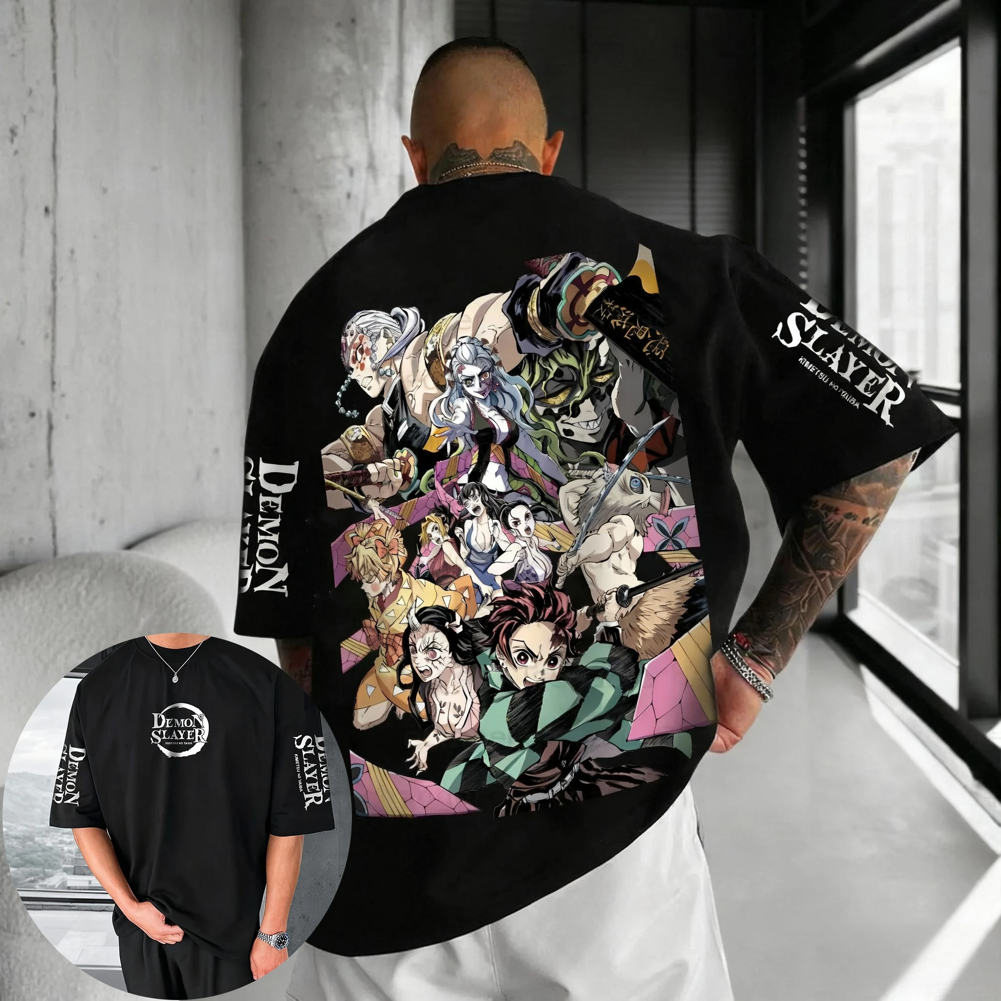 Bandai New Demon Killer Nezuko Charcoal Man Character Printed Short Sleeve T-Shirt Men's and Women's Casual Loose Plus Size Top