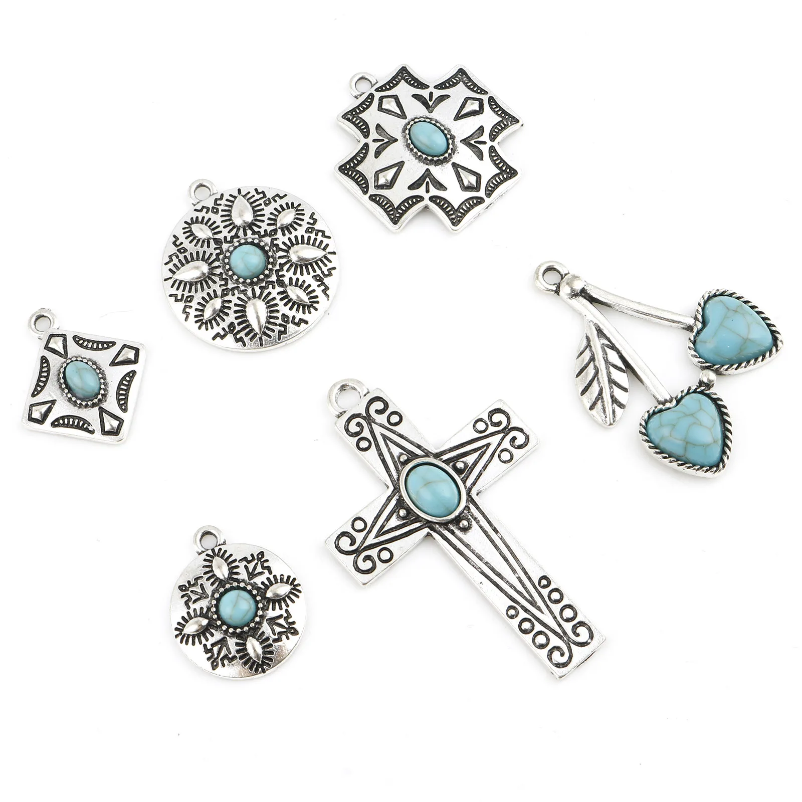 Bohemian Metal Charms Cross Antique Silver Color Blue With Resin Cabochons  Pendant DIY Necklace Jewelry,5PCs