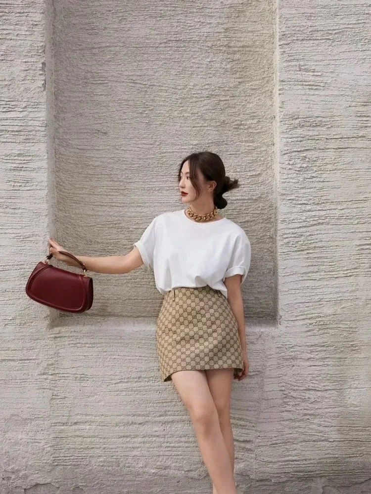 Exjr2026 Summer New Vintage Canvas Plaid Elegance High Waist Wrap around Short Skirt Women's Fashion Straight Cut  Skirt