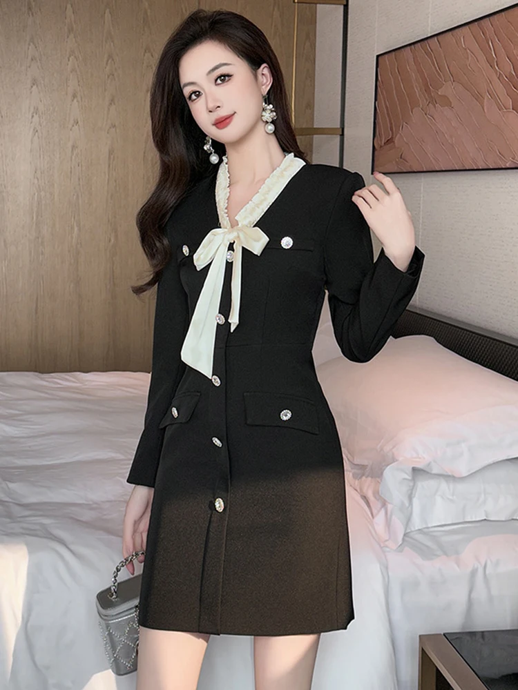 Ropa de mujer Vintage ocasión Formal negro arco cuello ajustado Mini vestido de tubo corto elegante señoras viaje moda Vestidos de fiesta