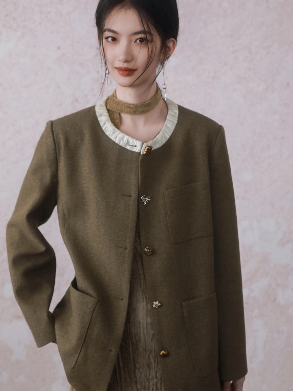 

INGKO Ele Coffee een Color Blo round Ne Suit Jaet Long Sve Traditional Sle Women's Premium Quali Outerwear