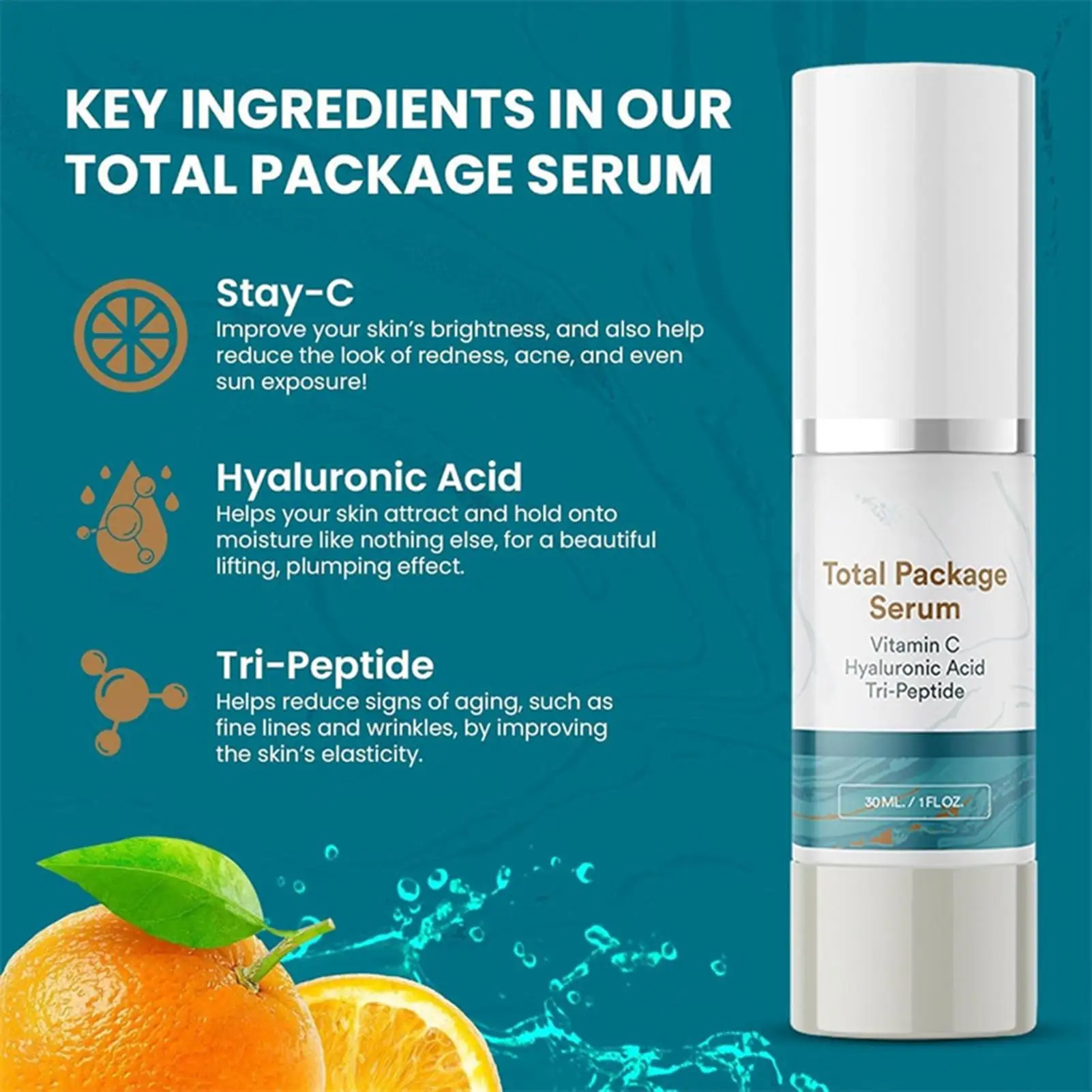 Sérum Profissional Tudo-em-Um com Vitamina C, Ácido Hialurônico e Tripeptídeo, Sérum Facial Hidratante, Nutritivo e Iluminador