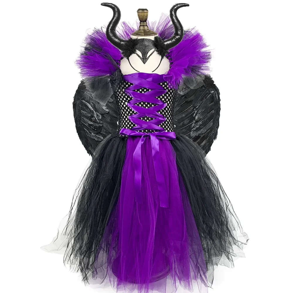 2023 Illuminating Maleficent Tutu Dress Child Cosplay Halloween Malefient Costume for Girls Vallain Evil Queen Clothing Vesidos