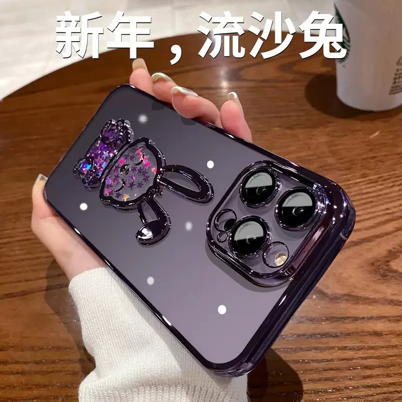 For iPhone14 Pro max Phone Case New Electroplated Quicksand Rabbit iPhone 14 11 12 With Glass Lens Film For iphone 13 case