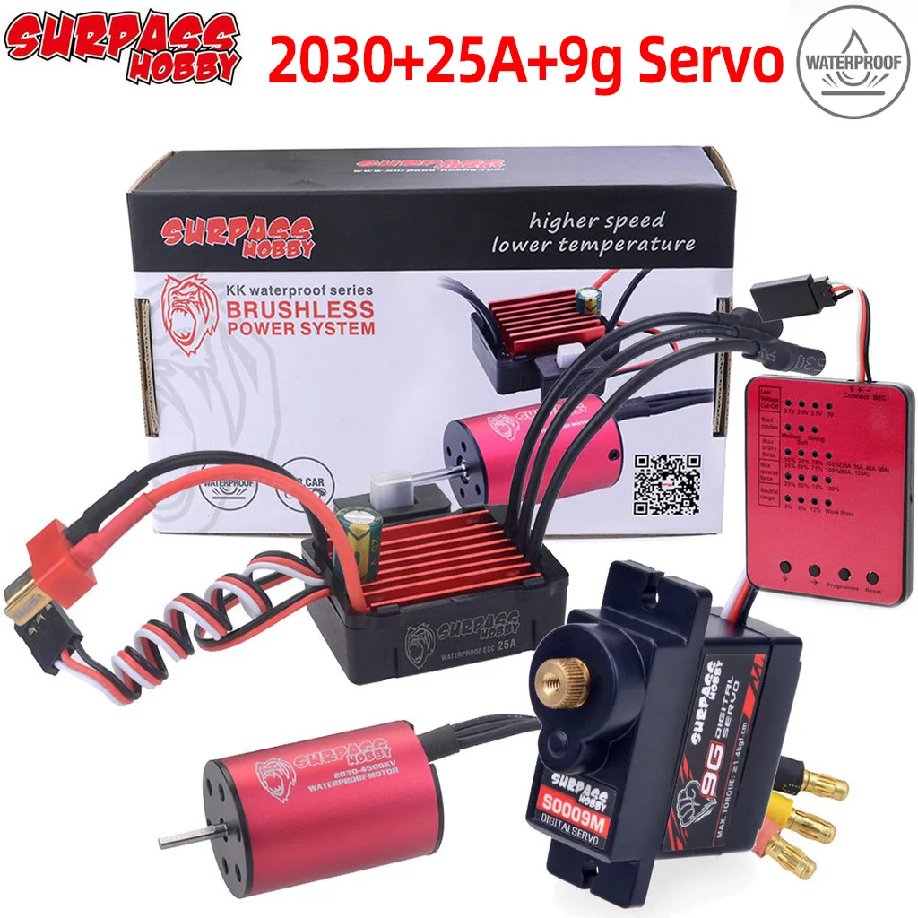 

Surpass Hobby Waterproof 2030 Series Brushless Motor 25A ESC Servo Combo T/XT60 Plug for 1/20 1/18 2S RC Car Traxxas Slash Robot