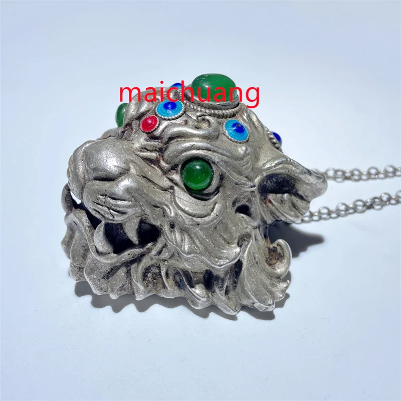 Mai Chuang/ Old Tibetan Silver Domineering Tiger Head Inlaid with Red Green Gemstones Necklace Pendant  Accessories Couple Gift