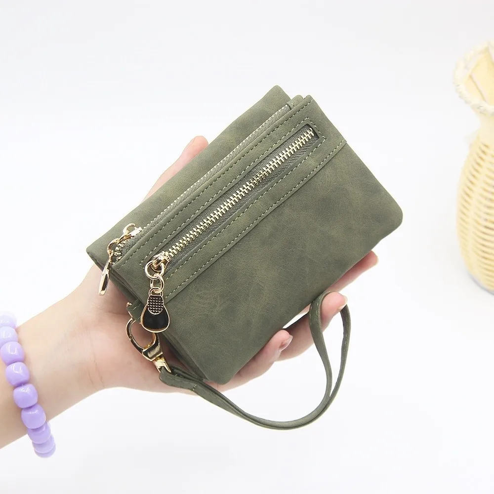 PU Leather Women Short Wallet Double Layer Solid Color Folding Coin Purse Large Capacity Multiple Card Slots Zipper Clutch Bag
