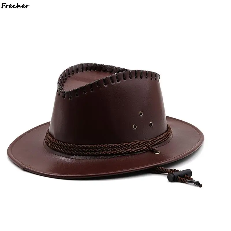 Western Knight Hats Men Gentleman Jazz Hat Leather Panama Cowboy Travel Chapeau Vintage Sombrero Grassland Sunshade Jeans Caps