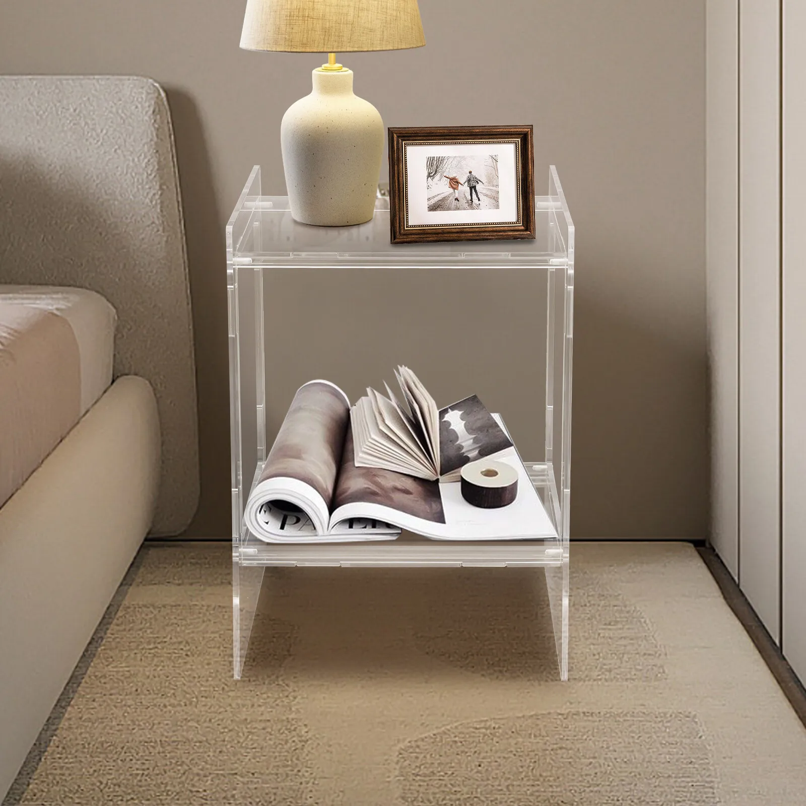 طاولة نهاية طاولة جانبية من الأكريليك الشفاف لغرفة المعيشة أو غرفة النوم، تصميم حديث وبسيط، عبوة من قطعتين