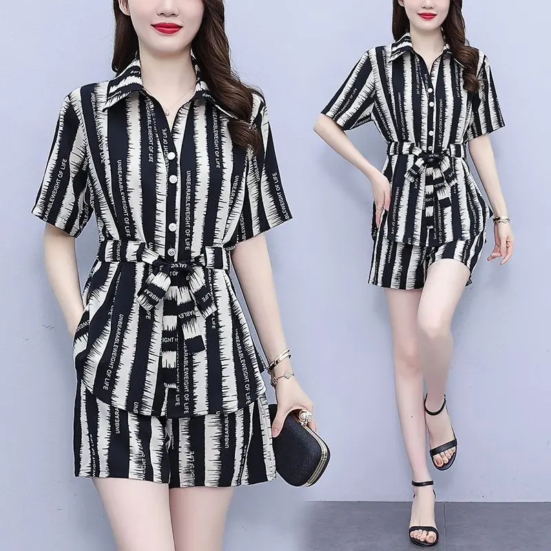 Women\'s Clothing Casual Printed Short Sets Two Piece Set Chic Waist Drawstring Summer Single-breasted Short Sleeve Matching Sets