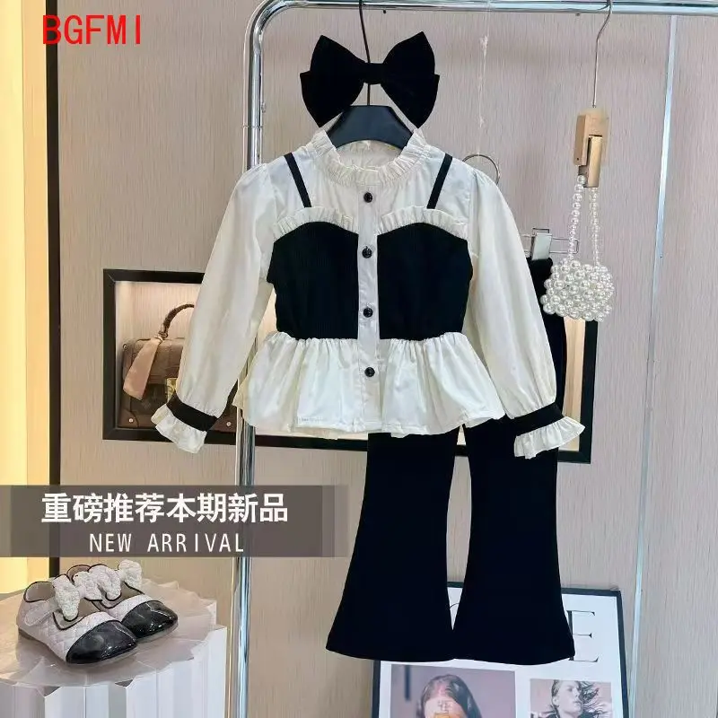 2-10Y Costumes for Girls Spring Autumn Suit 2026 New Children's Long Sleeve Fashionable Shirt Fake Two Piece+Pants 2-piece Set