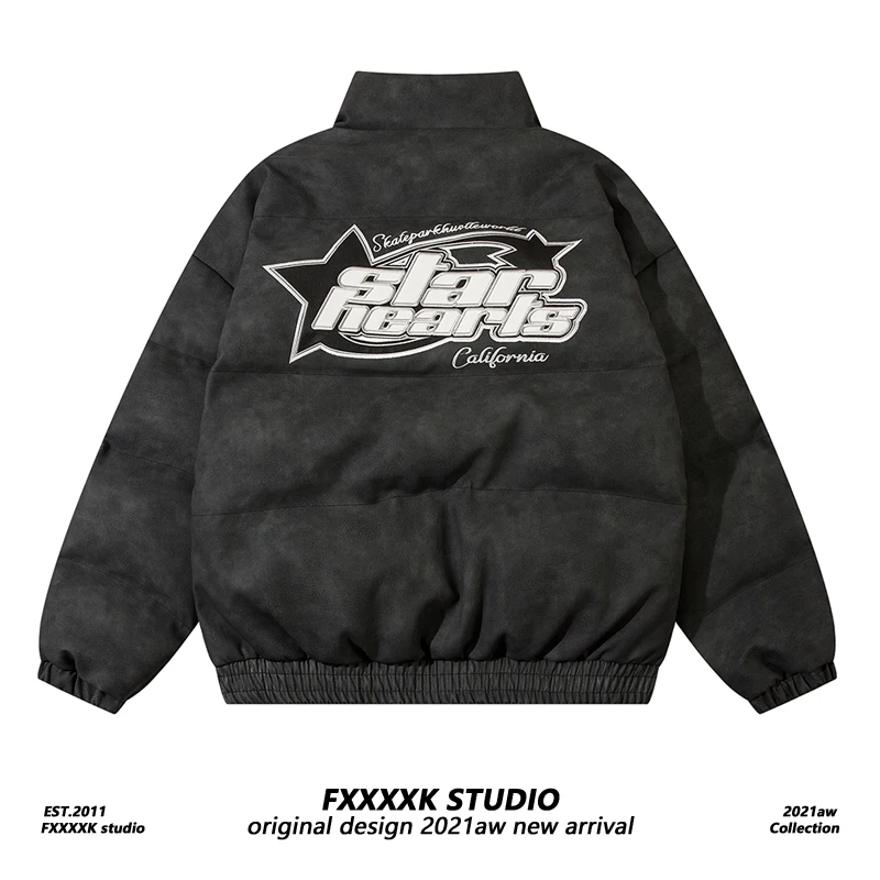 Jaqueta de Algodão com Bordado de Letras em Couro PU Original FXK, Marca Tendência Americana, Estilo Solto para o Inverno