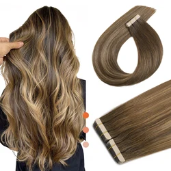 XDhair-Extensions de Cheveux Humains avec Ruban Adhésif 100%, Balayage Brun Chocolat à Caramel Blond, 14 