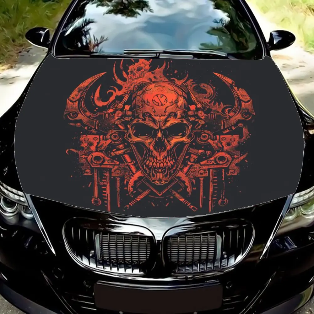 

Red and black mechanical demon skull car vinyl wraps, car hood graphic stickers, full of industrial style with vinyl material