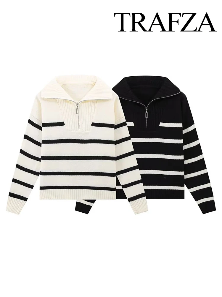 TRAFZA Women's Winter New Fashion Premium Zipper Striped Sweater Outwear Female Elegant Warm Long Sleeve Casual Pullover Sweater