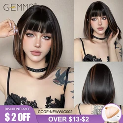 Dark Brown Bob Wig with Bangs Highlight Short Straight Wigs Natural Cosplay Daily Use Fake Hair Wig for Women Heat Resistant