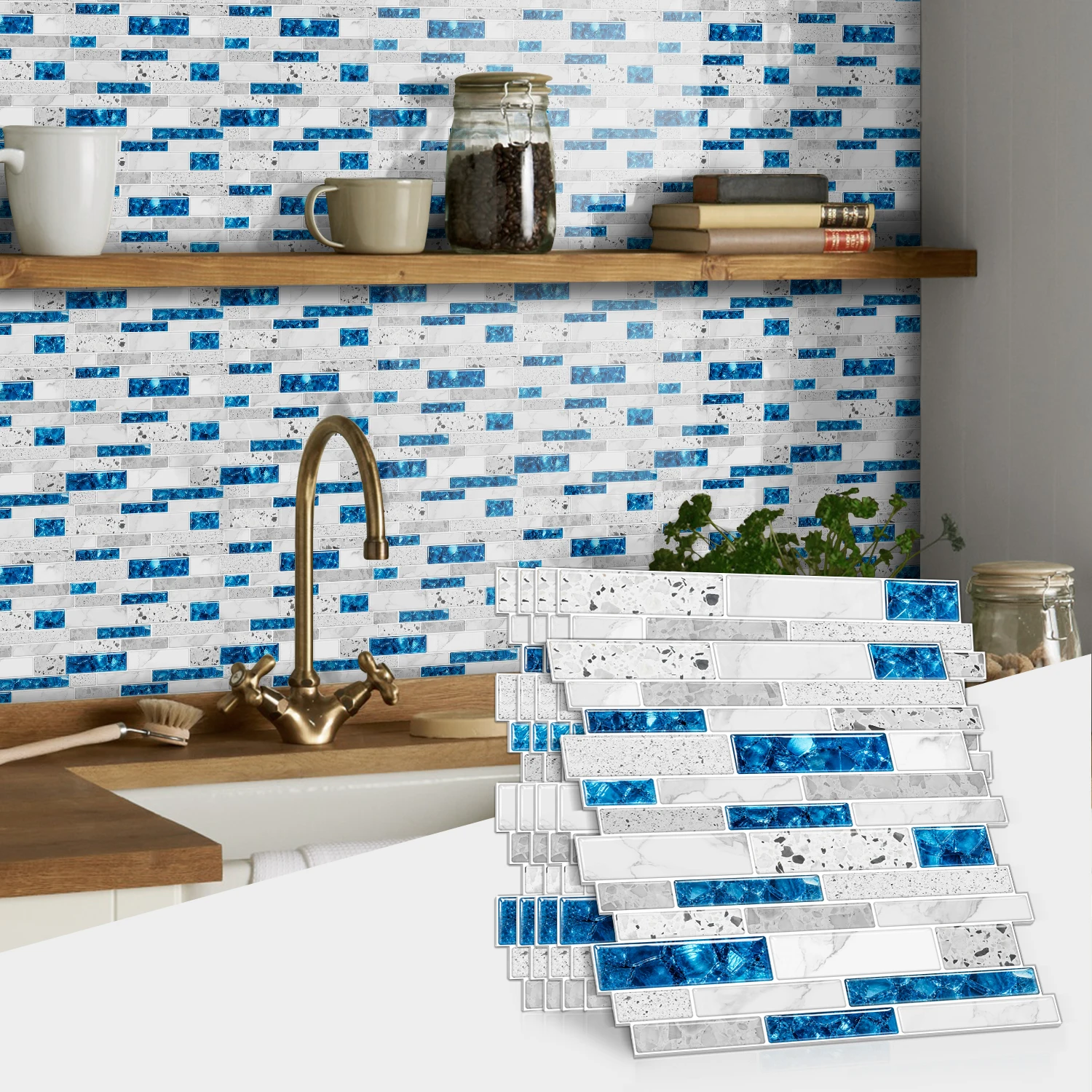 10/20/30Pcs Square Peel & Stick Wall Tiles 12x12in Blue White IXPE Foam Waterproof Easy Cut for Kitchen Bathroom Decor