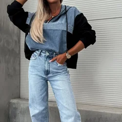 Women's Casual Long Sleeve Pocket Loose Pullover 2024 Fashion Patchwork Hooded Sweatshirts Elegant Drawstring Zipper Hoodie Tops