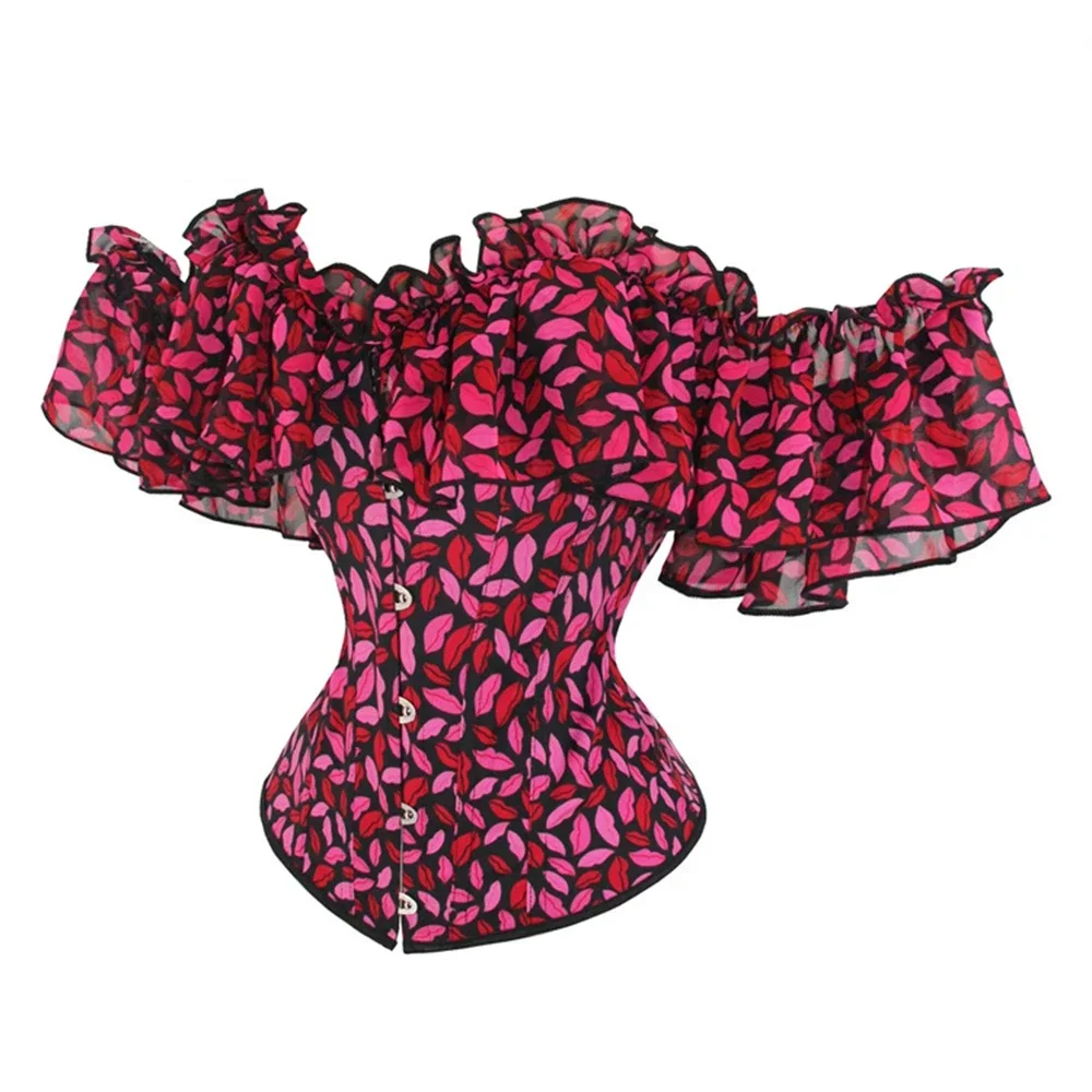 Sexy Red Lip Print Overbust Corsets Women Ruffles Short Sleeve Off Shoulder Bustier Tops Body Shaper Lingerie Corselet