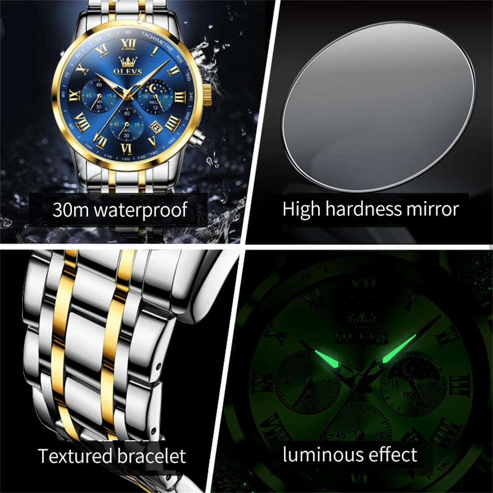 OLEVS TOP Brand Quartz Watch for Men Waterproof Moon Phase Luminous Stainless steel Calendar Sports Chronograph Man Wristwatches