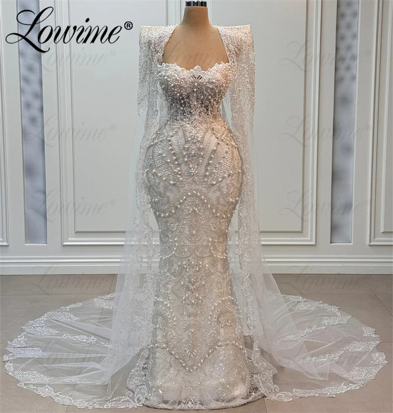 2025 Elegant Dubai Evening Dress 2 In 1 Design Lace Ivory Cape Sleeves Party Engagement Gowns Pearls Beaded Mermaid Prom Dresses