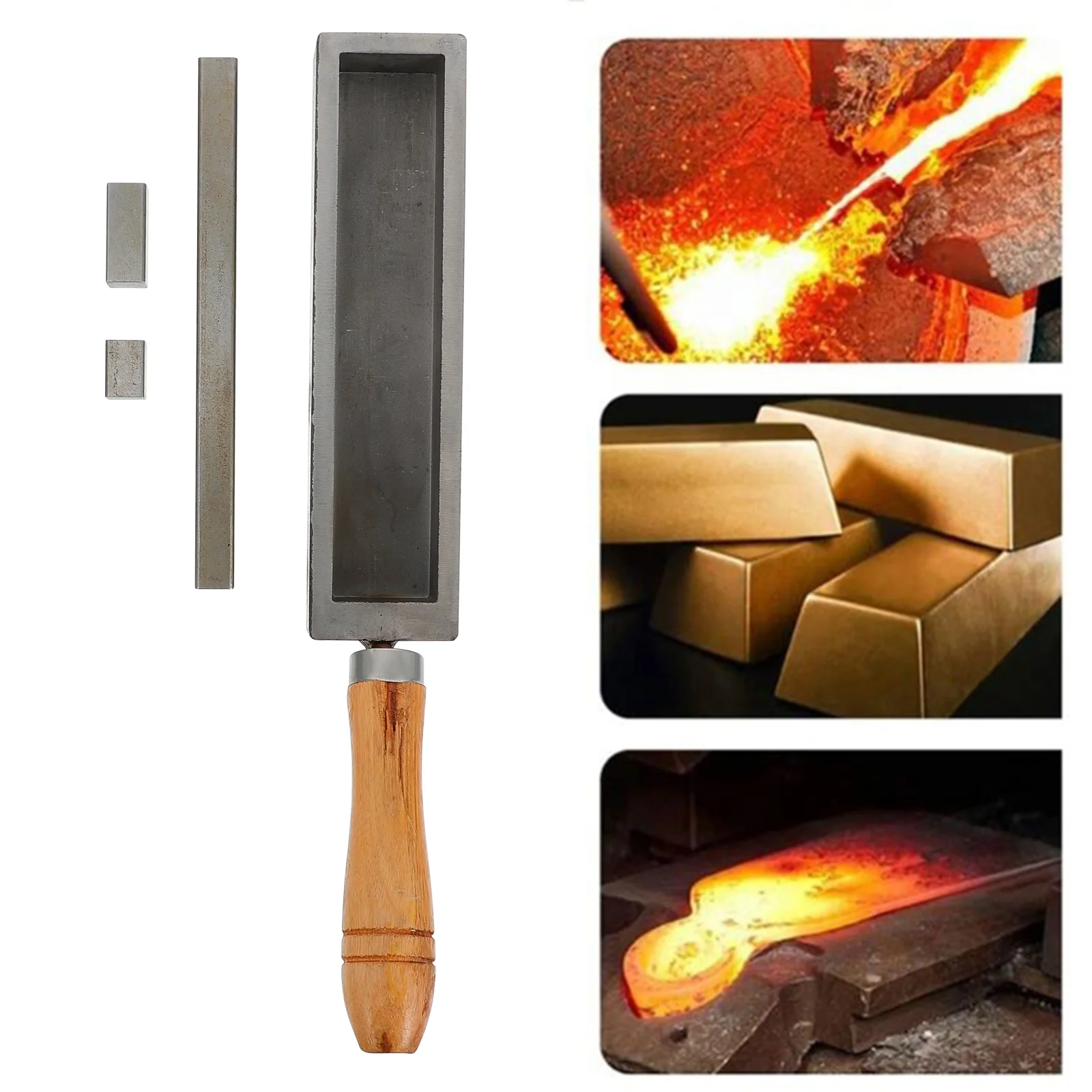 

Wooden Handle Iron Tank Oil Silver Melting Mold Metal Refining Mould Casting Hit Gold for Alloy Steel Slot