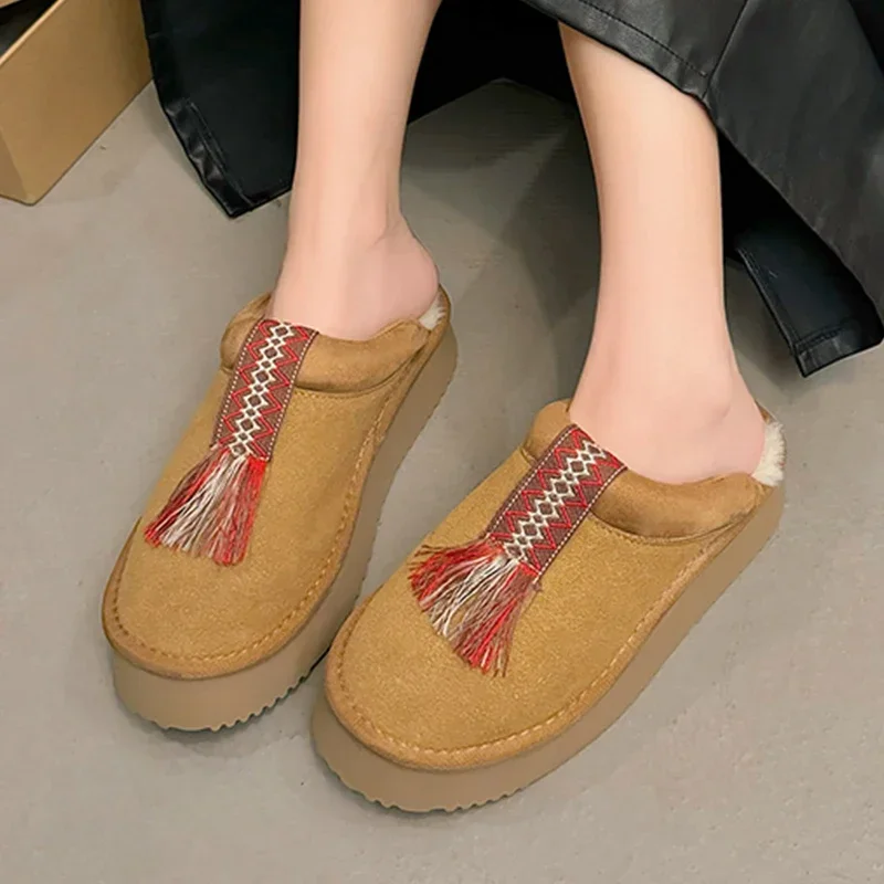 Fringe Women Flats Platform Warm Slippers Cotton Shoes Short Plush Boots Woman 2024 Trend Home Flip Flops Slingback Mujer Botas