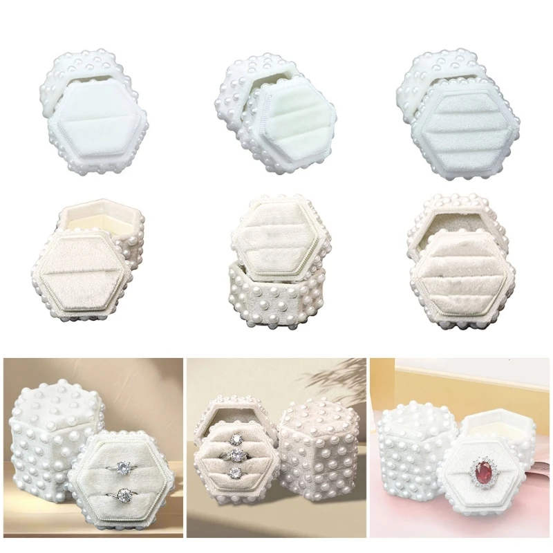 Elegant Pearls Decorated Velutum Jewelry Storage Box Hexagon Designs with Sturdy Fleece Lining for Rings and Accessories