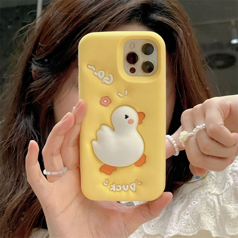 Cartoon Fashion Little Yellow Duck Phone Cases For iphone 15 14 13 Pro Max Soft Shell Silicone For Reduce Pressure Flower Fundas