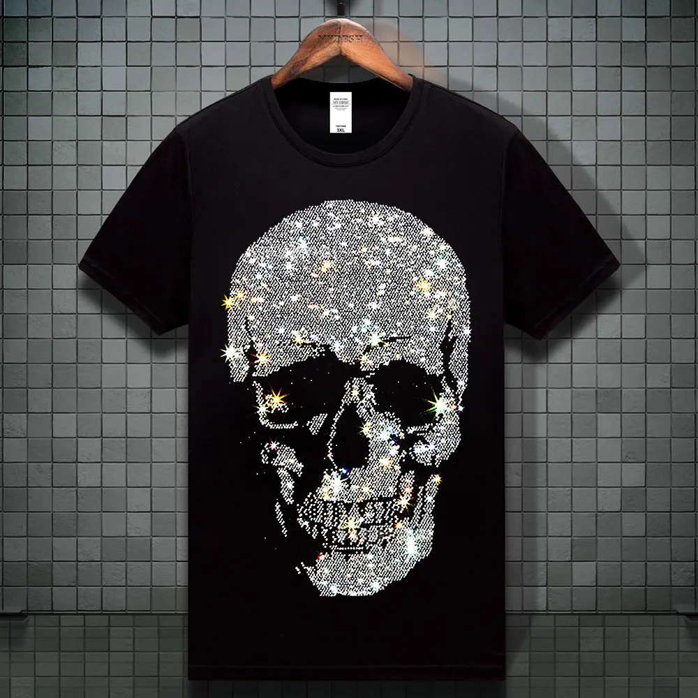 

Plus Size Unisex Fashion Rhinestones Skull T Shirts Men Summer Streetwear Short Sleeve Man O Neck Slim Tshirt Calaveras Camiseta