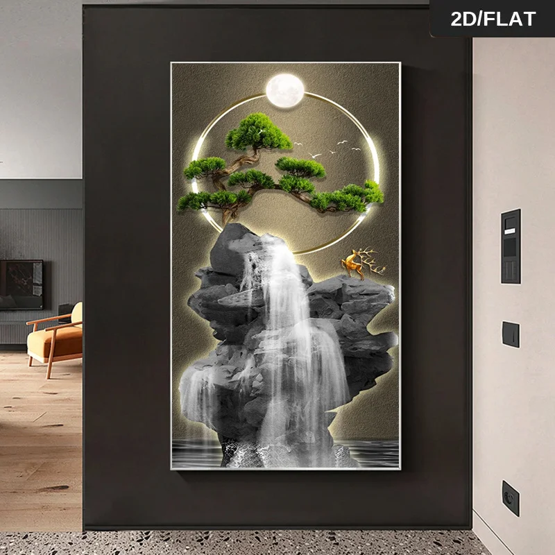 Modern Abstract Frameless Moonlit Bonsai Waterfall Scene Print Art Wall Art Canvas Painting Art for Canvas Poster Wall Decor for
