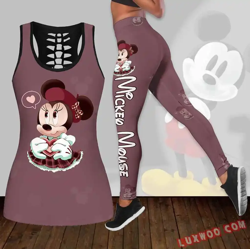 Disney Minnie Women\'s Hollow Vest + Women\'s Leggings Yoga Suit Fitness Leggings Sports Suit Disney Tank Top Legging Set Outfit