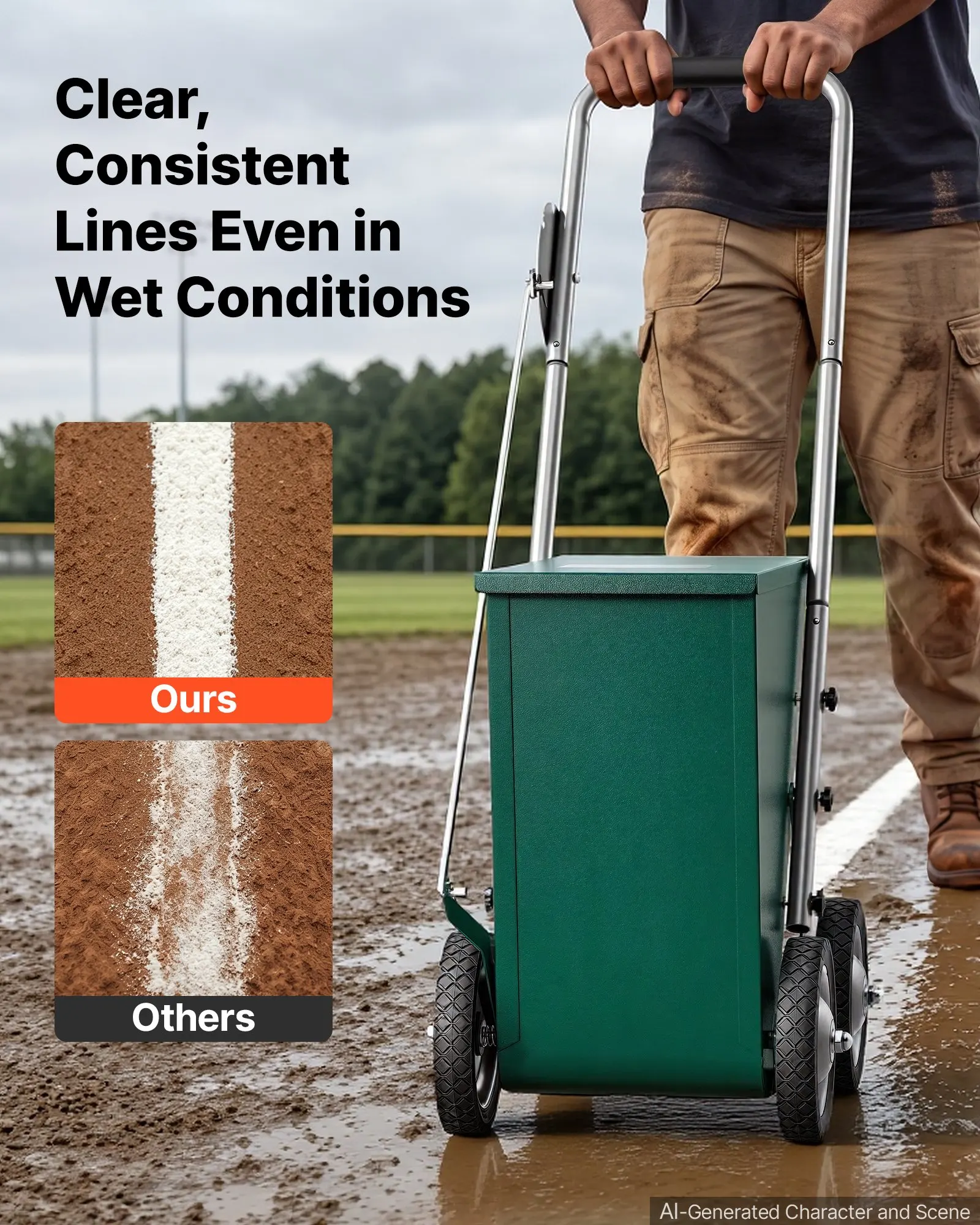 Steel Dry Line Marker 50 lbs Powder Capacity Field Dry Line Chalker, 2 to 4 in Adjustable Line Width, Featuring 4 Heavy-Duty Wheels, Clear Even Marking, Easy One-Person Pushing